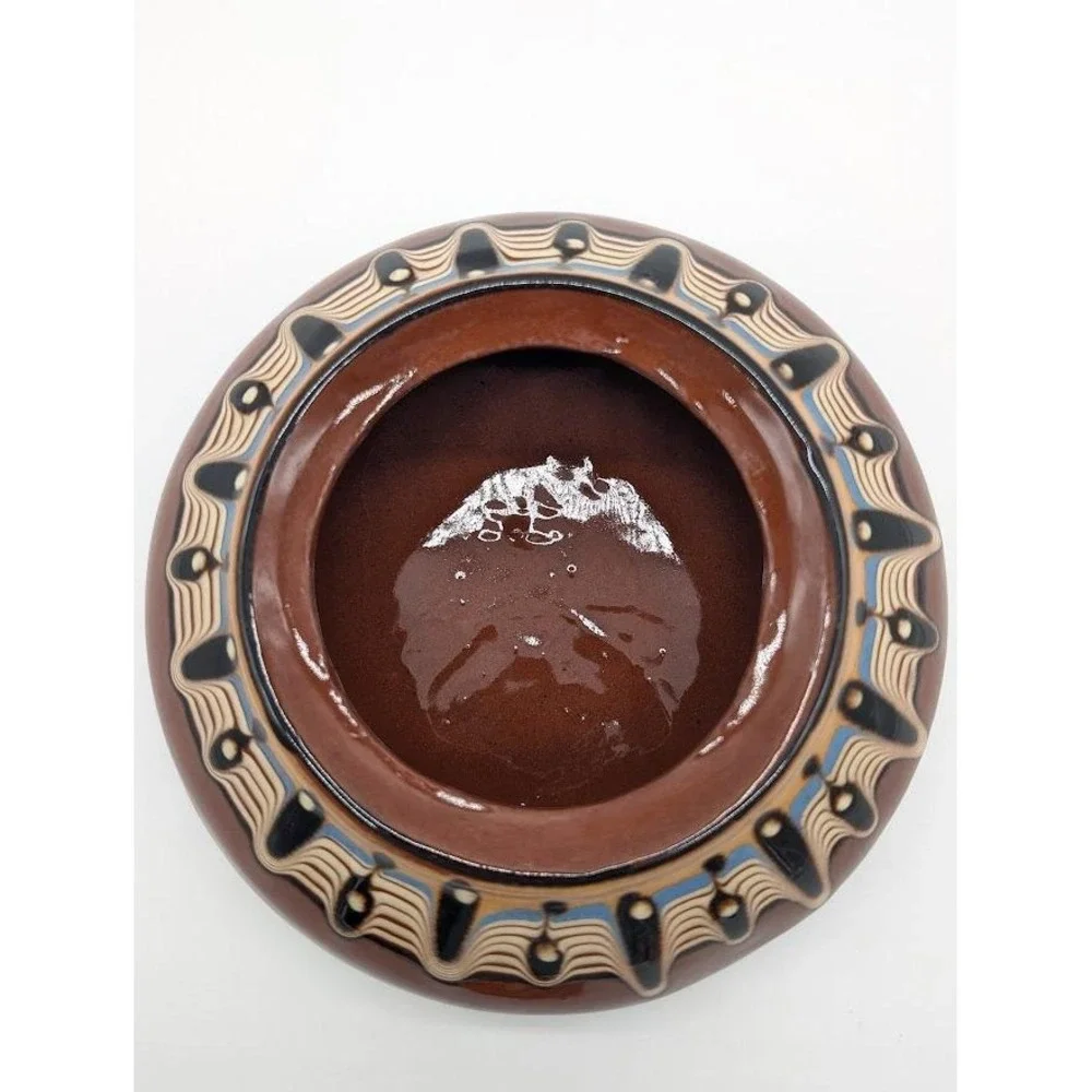 Vintage Bulgarian Troyan Pottery Lid‎ Candy Dish 90s Redware Folk Art Drip Glaze